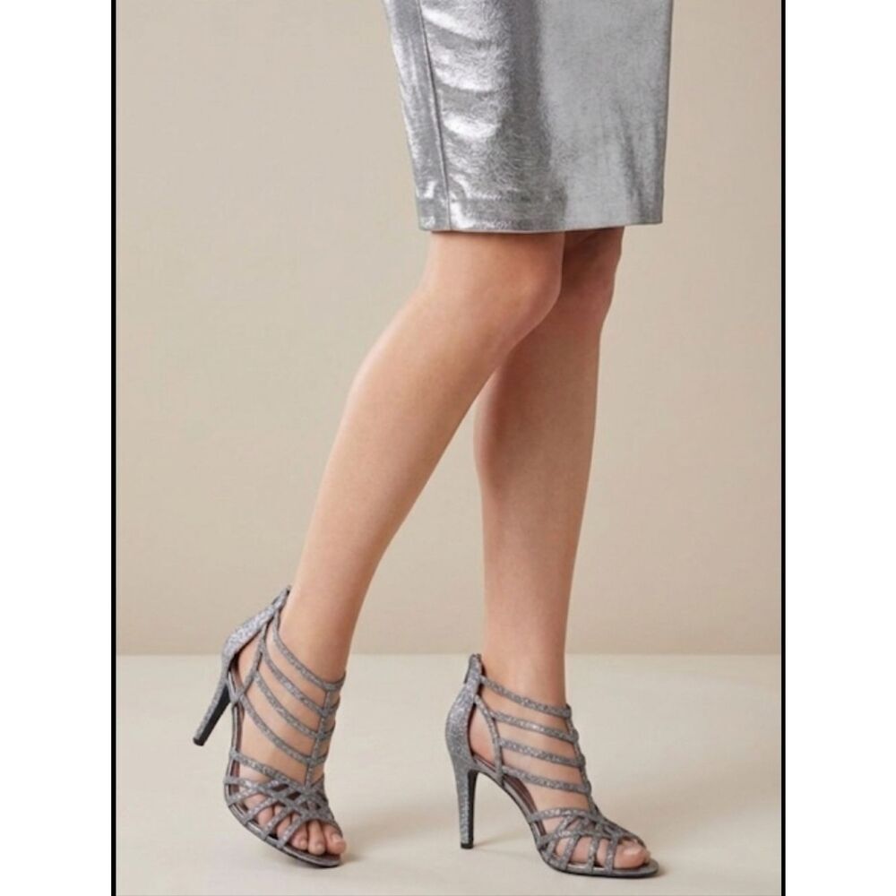 Nina Heels Strappy Sz 8 1/2 Gray Glitter